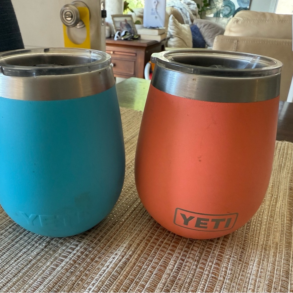 YETI Vibrant Blue and Pinkish Tumblers